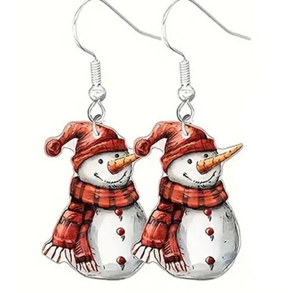 Snowman in plaid scarf Christmas Holiday Earrings - Picture 1 of 2